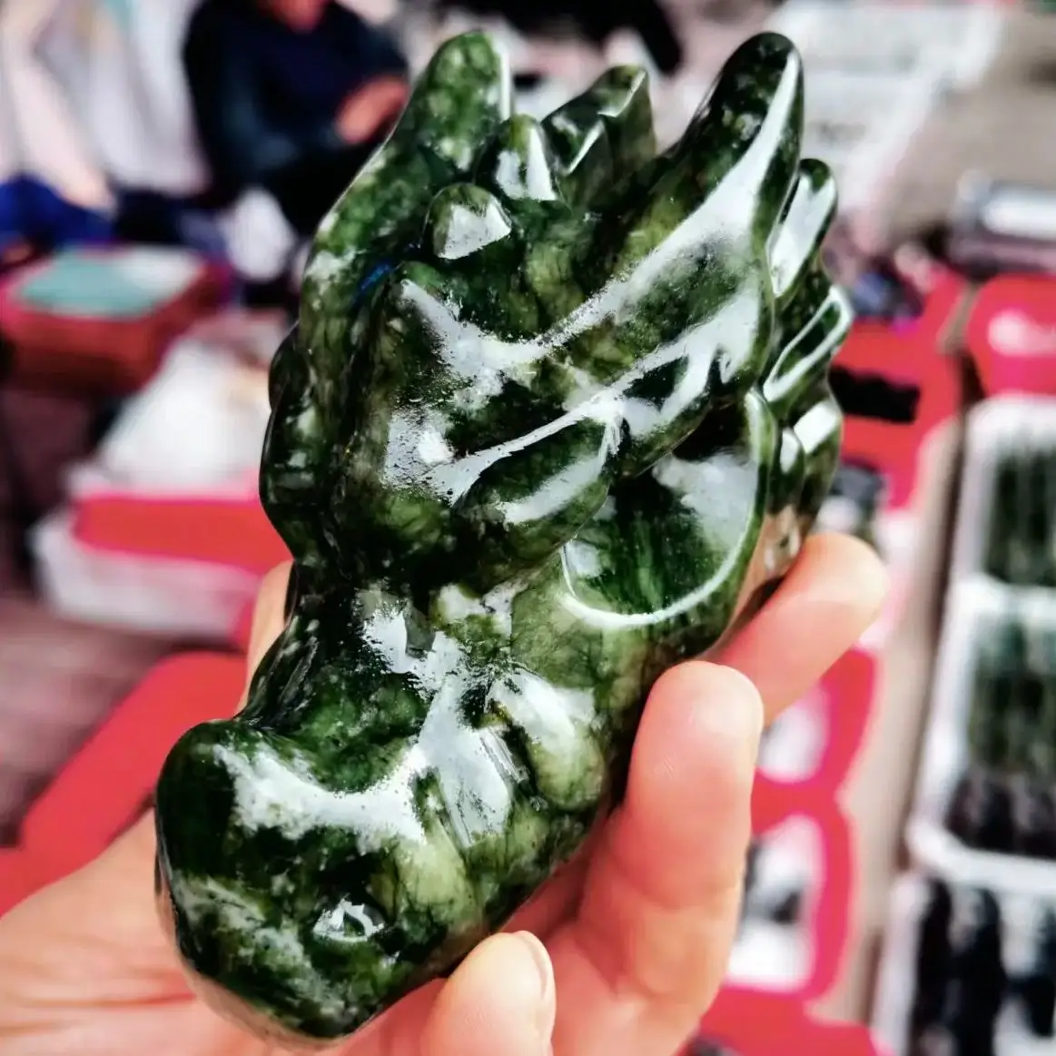 Natural Green Tree Jade Dragon Head, Quartz Crystal Green Mineral Polished Dragon Head, Mineral