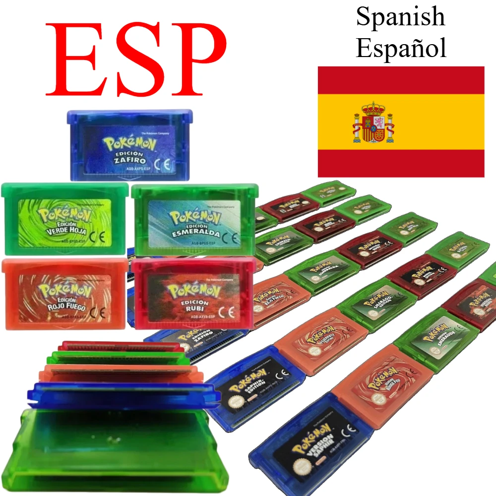España GBA Juego Pokémon Serie 32 Bits Cartucho de Videojuego Tarjeta de Consola Pokémon ESP Esmeralda Rojo Fuego Rubí Verde Hoja Zafiro
