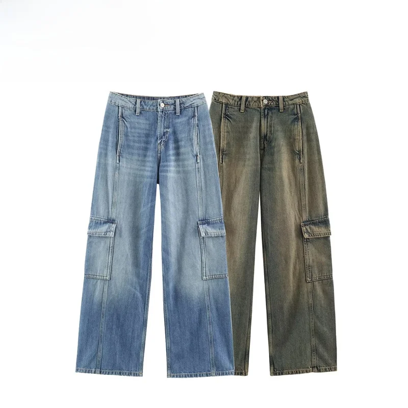 Fashionable Workwear Style Jeans High Quality mid Waist Straight Leg Pants for Women Polyester Fiber Natural Waist Button Clo...