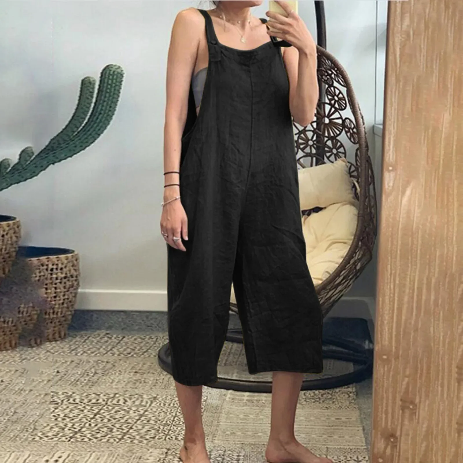 

Solid Color Women Loose Cotton Linen Jumpsuit Sleeveless Harem Overalls Jumpsuits Loose Vintage Pants Femme Clothes