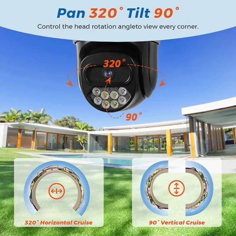 Telecamera di sicurezza WiFi 5G da esterno 360 °   Telecamera PTZ HD Visione notturna a colori Audio bidirezionale IP66 CCTV con tracciamento del movimento impermeabile