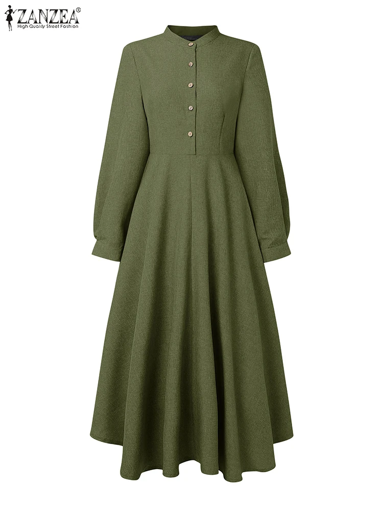 

Fashion Long Sleeve Dress Women Stand Neck Sundress 2025 ZANZEA Casual Loose Robe Autumn Solid Color Elegant Office Vestidos