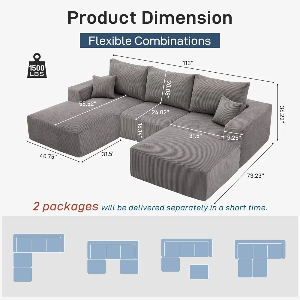 Sectional Modern Sleeper Sofa Couches for Living Room-113'' Grey 3 Seater U-Shaped Lounge  Assembly Sponge Compression, Sofas