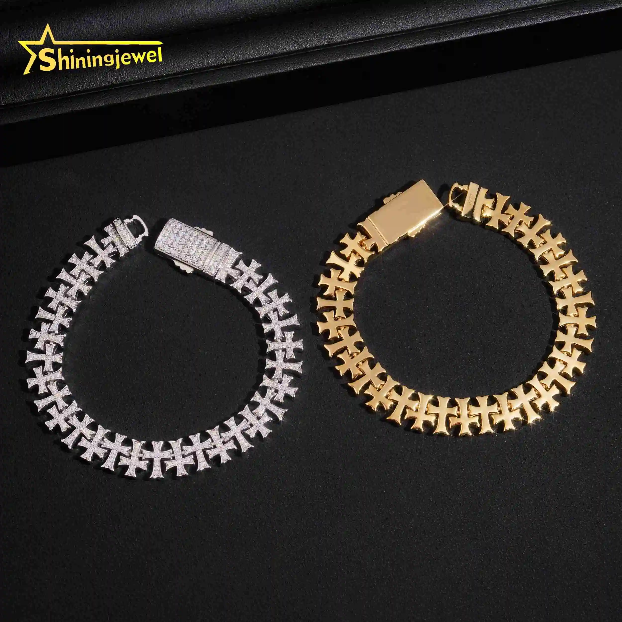 Diamond Pass Test Moissanite Iced Out Cross Bracelet 925 Sterling Silver Gold Plated Hip Hop Jewelry Cuban Men's Bracelet.