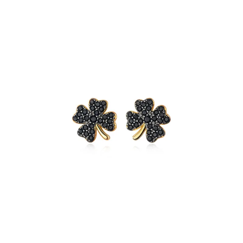 Silver 925 Earrings For Women Clover 925 Silver Earrings For Girls Stud Earrings For Women Irregular Black Zircon Daily Lucky