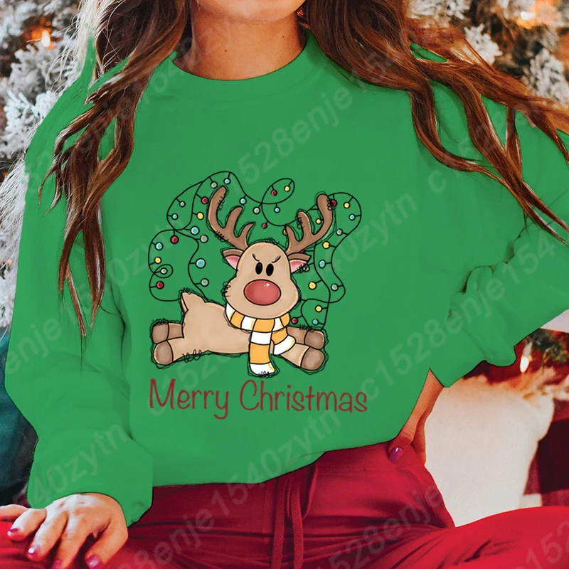 

Christmas Light Reindeer Merry Christmas Print Pullover Round Neck Tops Women Hoodless Sweatshirt Long-sleeved Autumn Sweatshirt