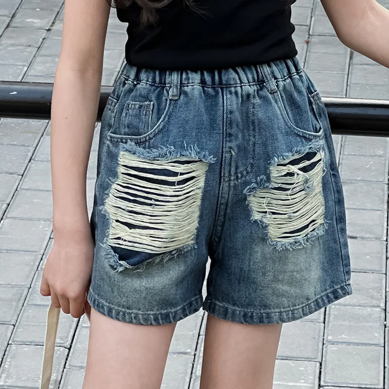 Kids Broken Denim Shorts for Teenage Girls Loose Summer High Fashion Streetwear Bottoms Children Ripped Jeans Shorts