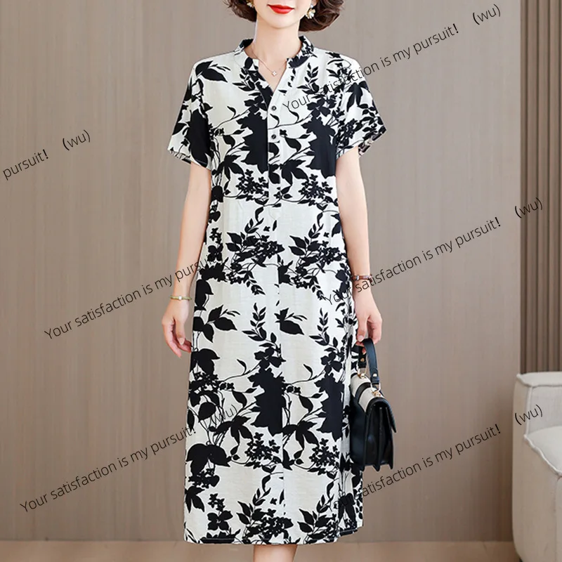 

ZOCI-платье из хлопка и шелка для среднего и пожилого возраста, ретро-цветочные короткие рукава, свободный чехол на живот и тонкая женская одежда