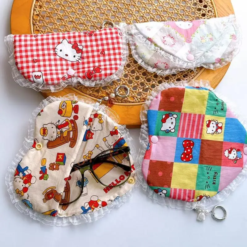 Stoff Spitze Hello Kitty Sonnenbrille Tasche Sanrio KT Katze tragbare Brillen Aufbewahrungstasche hängende dekorative Snap Brillen Tasche