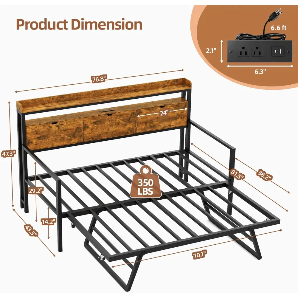 سرير نهاري مع دولاب، سرير مزدوج إلى كينج، سرير نهاري، إطار سرير معدني شديد التحمل مع لوح رأسي للتخزين ومحطة شحن #2