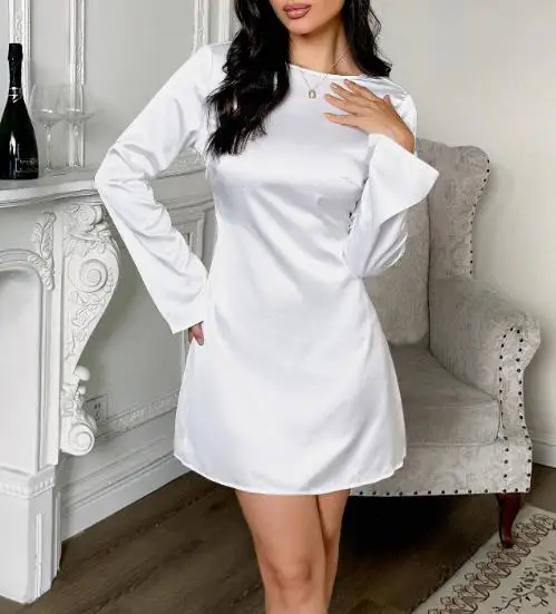 

Summer Women's Elegant Solid Color Round Neck Long Sleeved Dress, Elegant Waist Cinched A-Line Backless Long Sleeved Dress