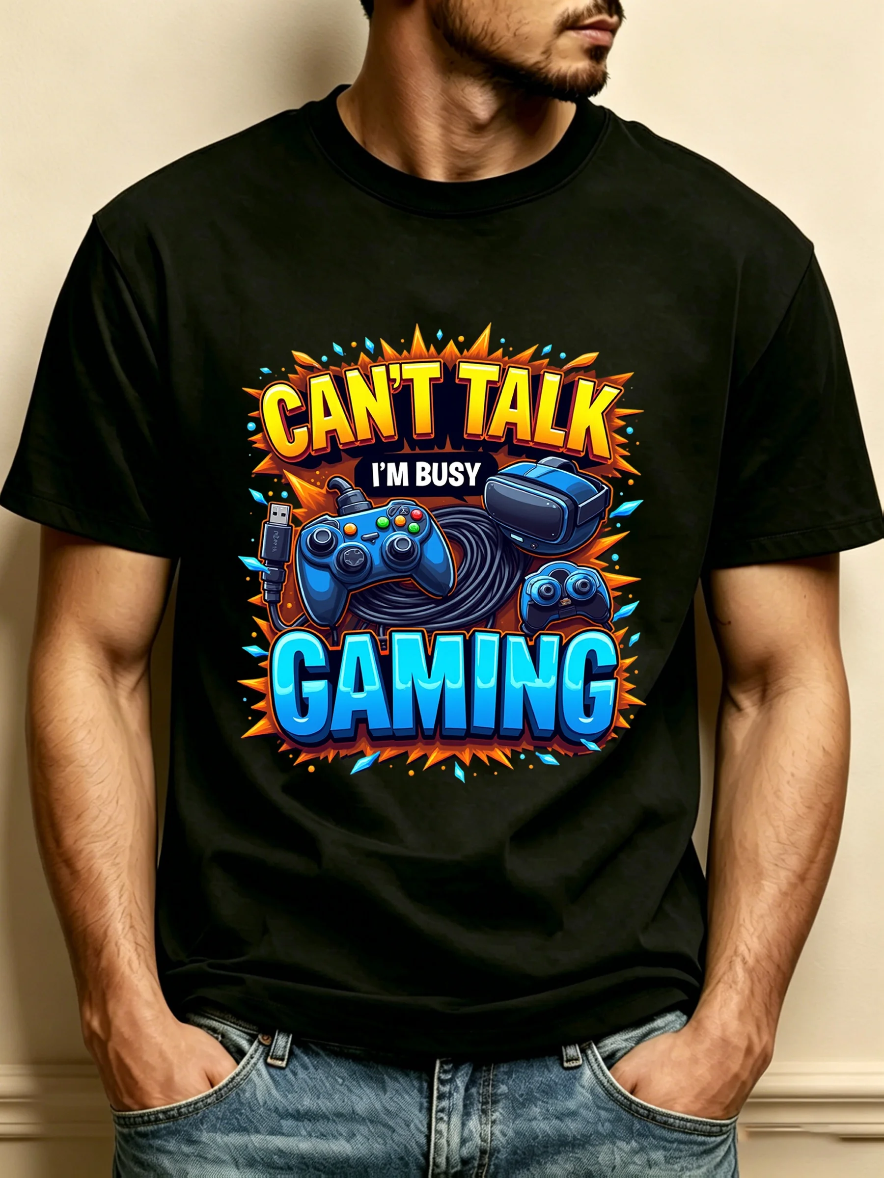 Casual Gaming-Style Men's T-Shirt with Controller and Vr Headset Design and 