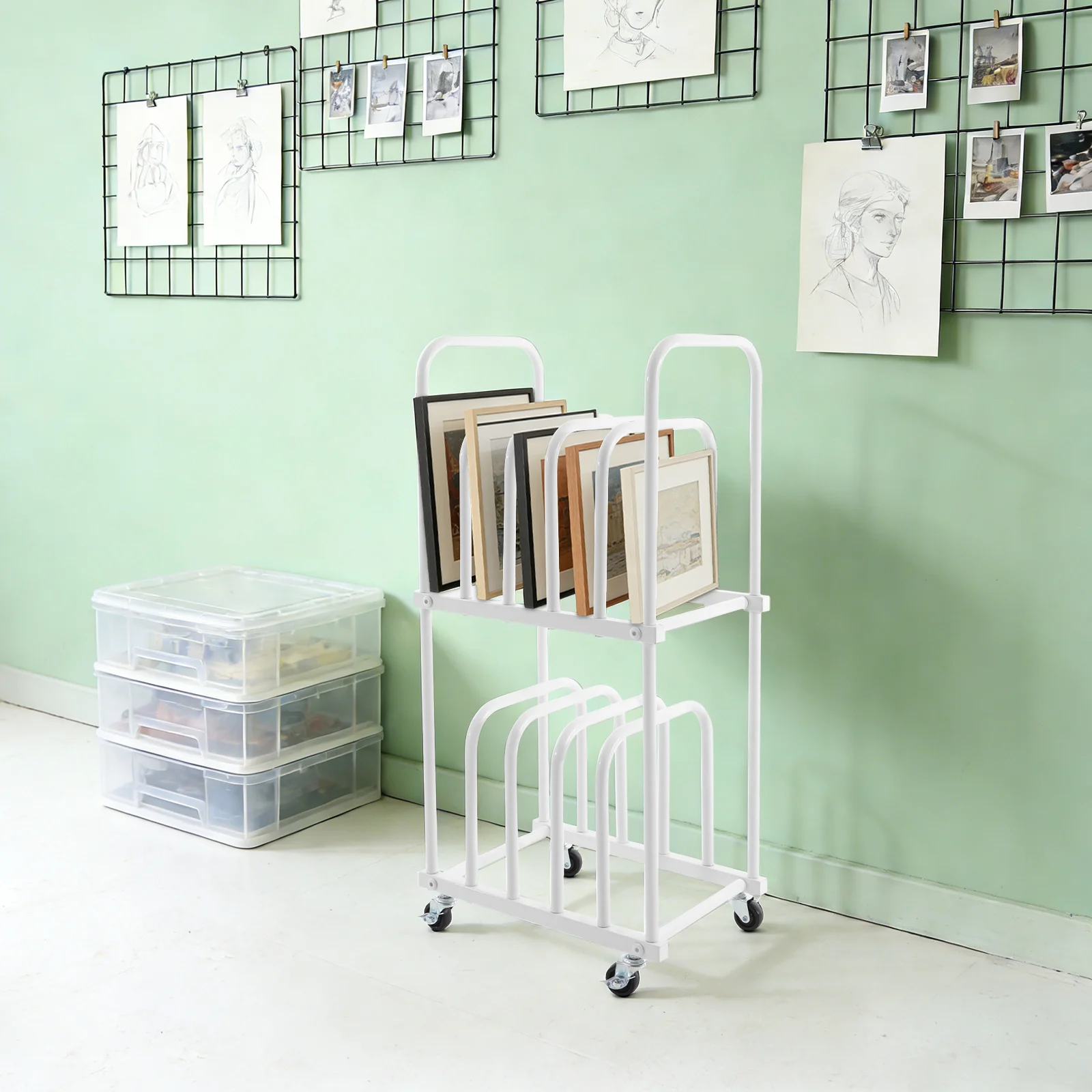 

Double Tier Rolling Art Canvas Storage Rack White Iron Floor Standing Mobile Organizer Heavy Duty Art Painting Display Stand With Brake Wheels High Temperature Baking Paint Holder For Art Studio Art Supplies Storage