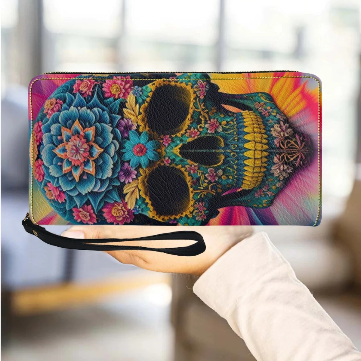 

Gothic Floral Skull Wristband Wallet Women's Long PU Leather Retro Small Wallet Fashion Ladies Clutch Bag Zipper Coin Purse New