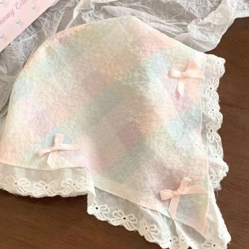 Korean Lace Bow Retro Triangular Scarf Solid Color Headscarf Trend Elegant Headwear for Women Girl Y2K Jewelry 2024 INS Bandana image 5