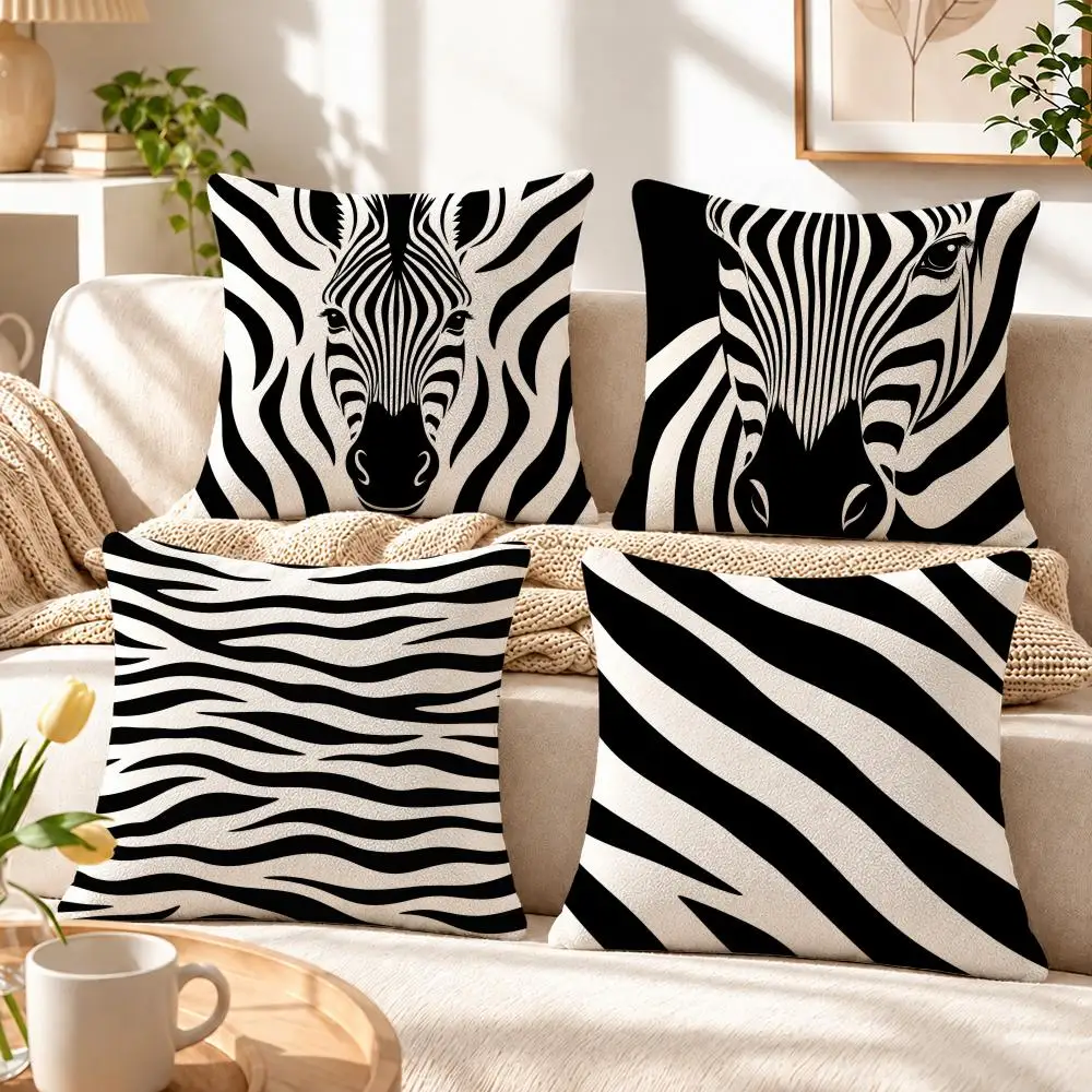 Art Abstract Line Black and White Zebra Cushion Cover Soft Short‑Plush Pillowcase, Decor for Sofa & Bedroom, Perfect Holiday Gif