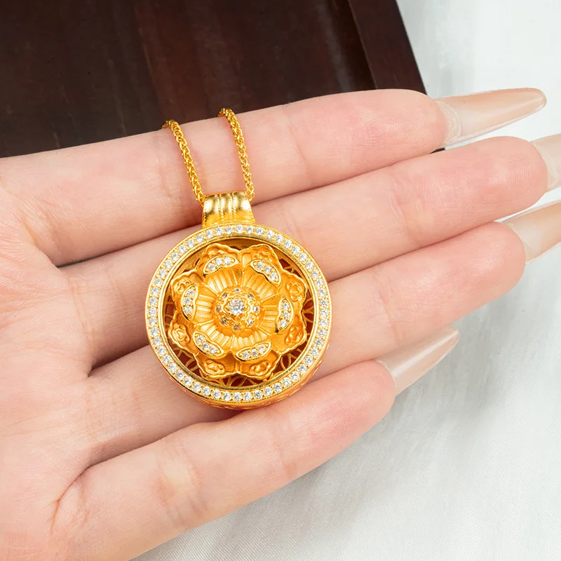 Luxury 24K 9999 Pure Gold real gold Diamond Lotus Compasses Pendant Women's Necklace