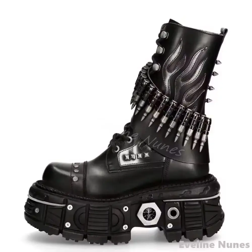 

Мотоциклетные ботинки в стиле панк с металлическими украшениями, женские модели пули, ботинки до середины икры на платформе с круглым носком и перекрестной завязкой, новые черные кожаные ботинки