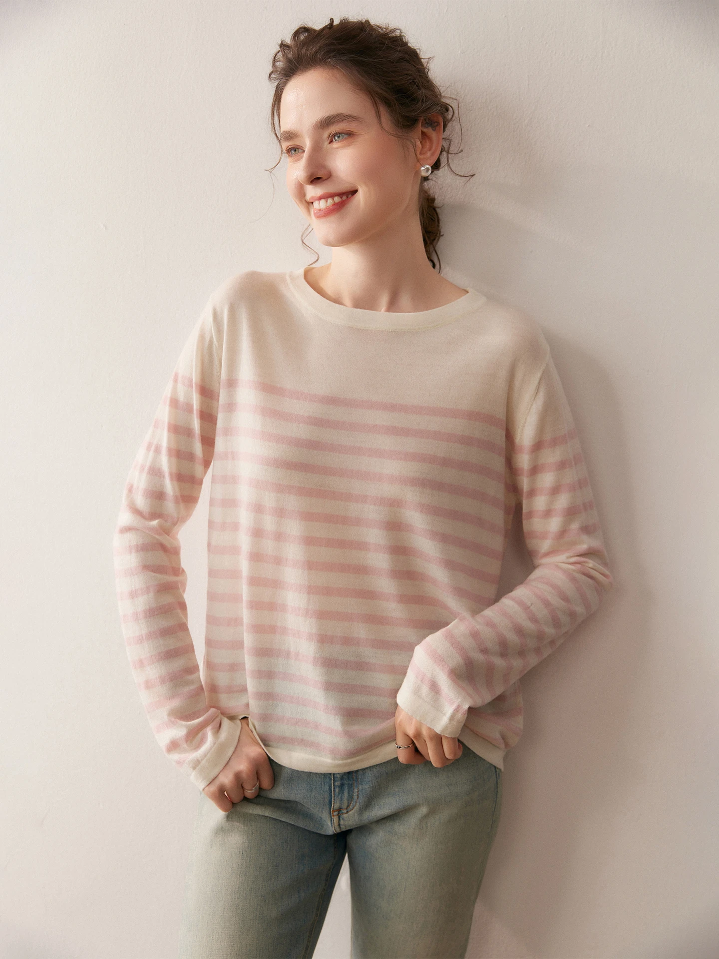 

Slimming Effect 00 Woolen Yarn Knitted round Ne Sweater f Striped Design Commute Friendly Soft Long Sve Wool Sweater