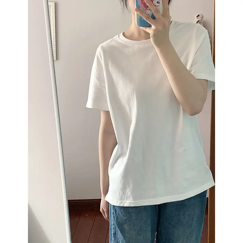 Pure Cotton Short Sleeved T-shirt for Women Loose Top Solid Color Korean Version Ins College Style Summer Clothing New 2024