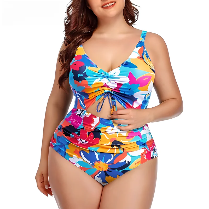 Summer Plus Size One Piece Swimsuit Woman 2024 V-Neck Cut Out Sexy Monokini Swimwear Tummy Control Chubby Swimsuits