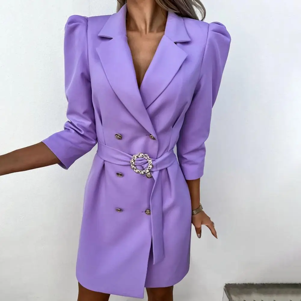 

Women Solid Office Commuter Slim Mini Dress Sexy Chic Long Sleeve A-Line Coat Dress Elegant Lapel Double Breasted Lace-Up Dress