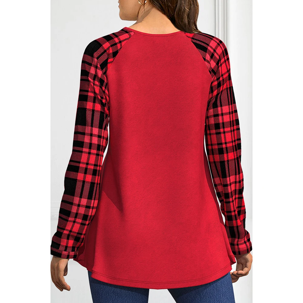 Plus Size Christmas Black Plaid Patchwork Long Sleeve Round Neck T-Shirt