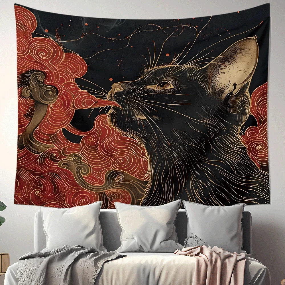 VIKAMA Wandteppich mit schwarzer Katze und goldener Linienkunst, japanisches Wandbehang mit Wolkenmuster für Schlafzimmer, Wohnzimmer, Dekoration, Wandteppich