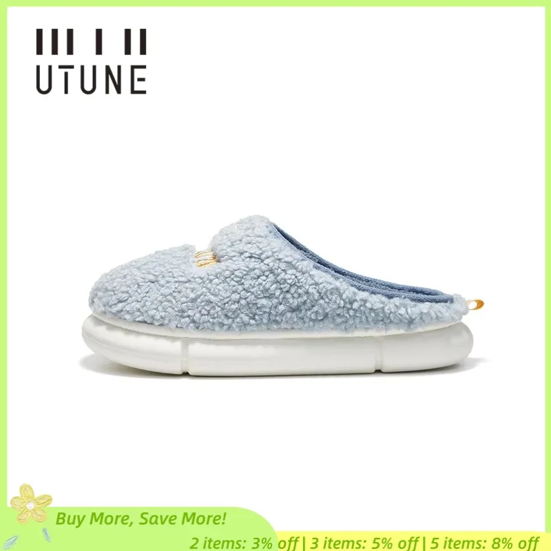 

UTUNE Plush Slippers Men Warm Indoor Shoes 2021 Soft Women Furry Slides Plush EVA Thick Light Home Flats Platform Anti-slip Blue