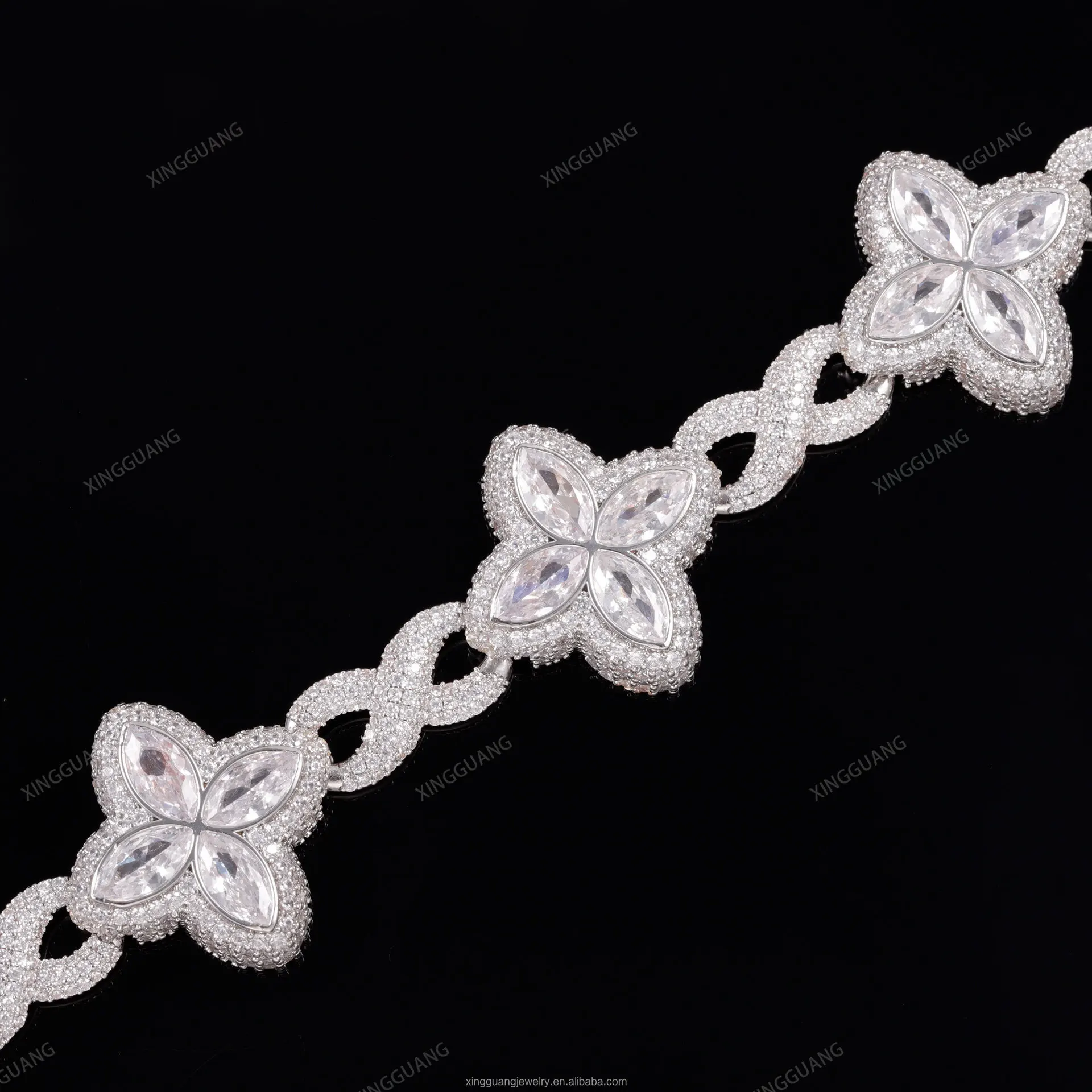 High end versatile 925 silver moissani inlaid clover bracelet, trendy hip-hop Cuban chain