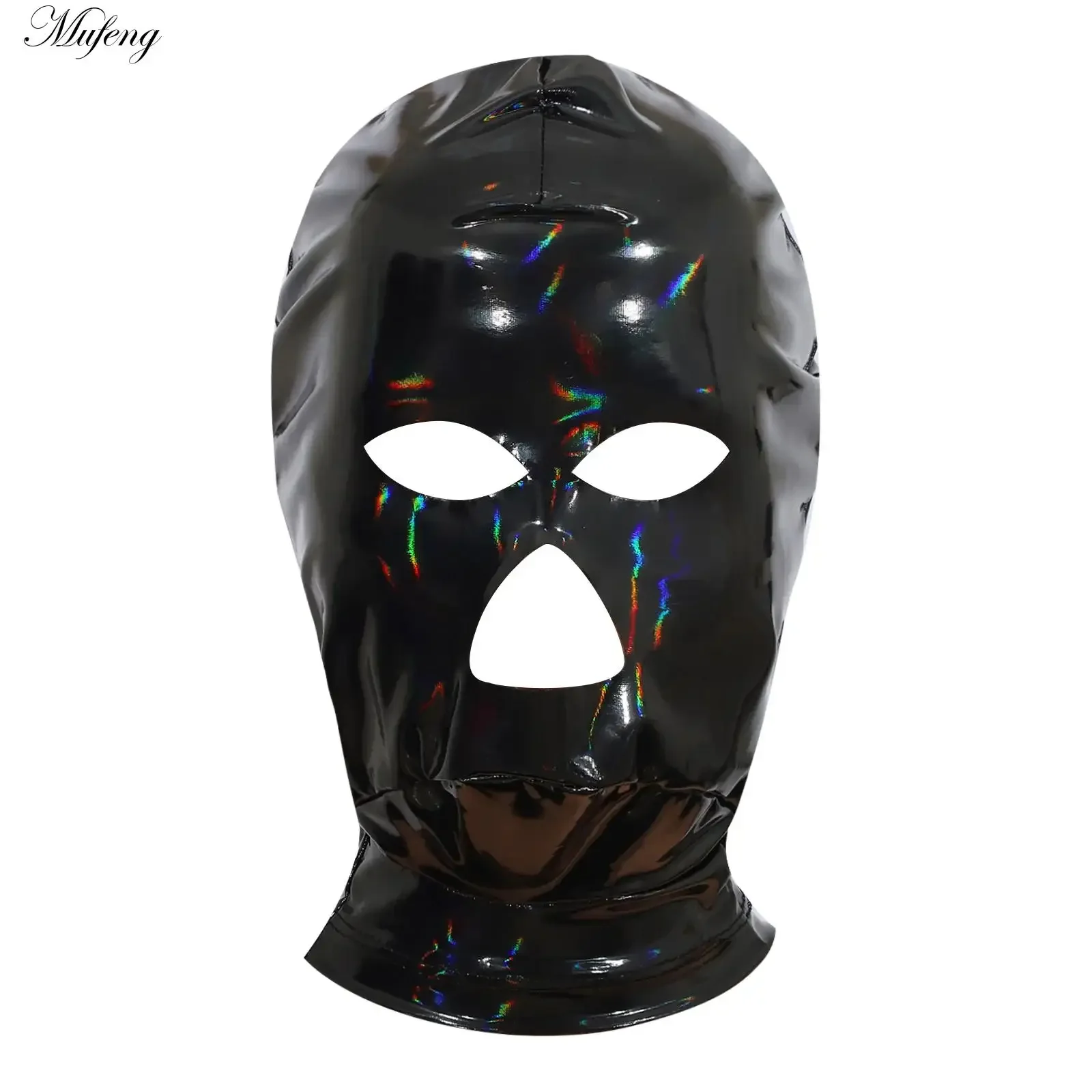 Mascarilla facial de látex para hombre y mujer, tela metálica brillante, boca abierta + cubierta para la cabeza pegada con ojos, disfraz de juego de rol para parejas, máscara facial con capucha