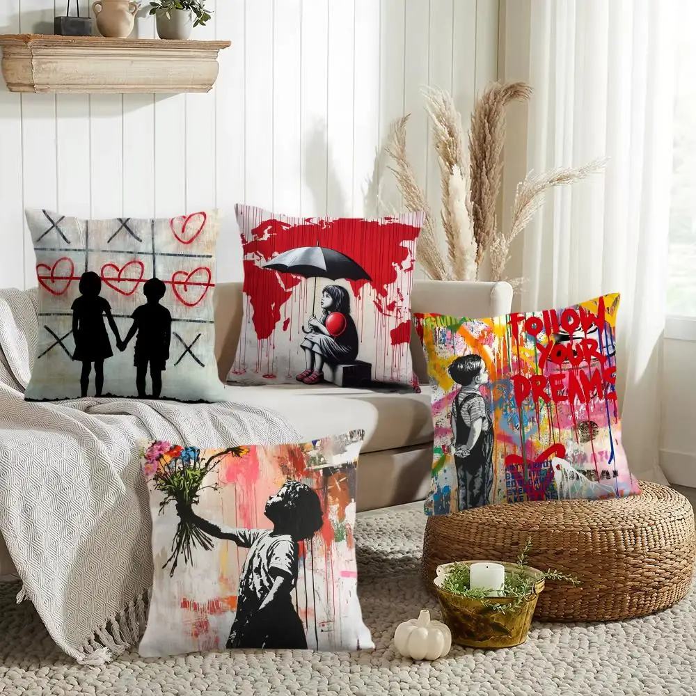Banksy Street Graffiti Cushion Cover Silky Short Plush Invisible Zipper Dustproof Sofa Pillow Case for Home Decor