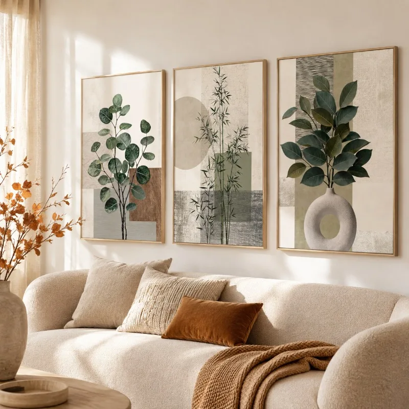 3PCS Natural Plant Wall Art Set, Neutral Earth-toned Green Plant Canvas Poster, Suitable for Home Room Decoration