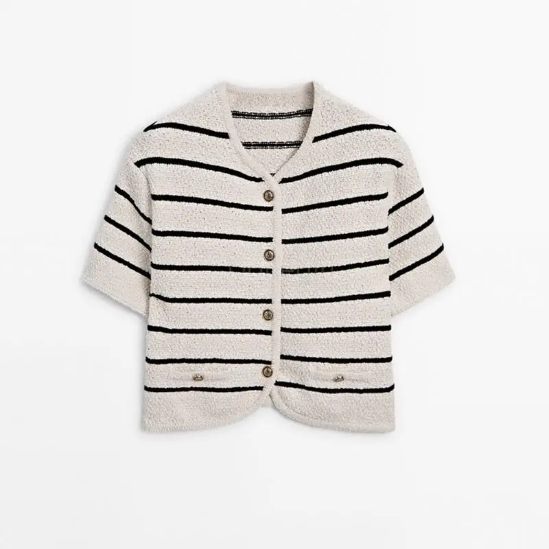 Donegirl 2024 Spring Women Fashion Single-breasted Short Sleeve Striped Knitted Sweater Cardigans Coat Simple Tops Female Chic