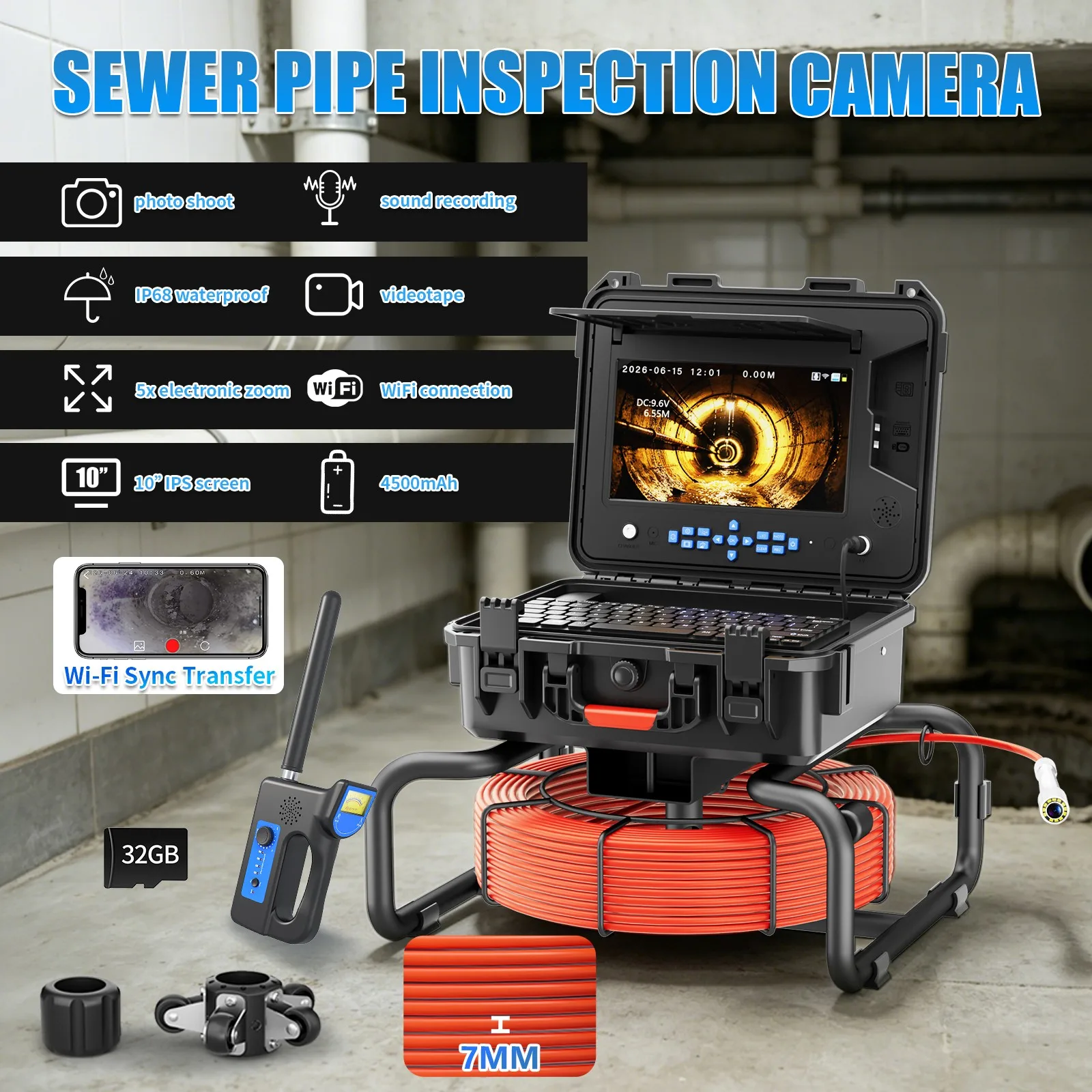 Pipe Inspection Camera with WiFi, Self-Leveling 512Hz Locator 10 Inch Monitor Endoscope Camera Meter Counter and Keyboard Input