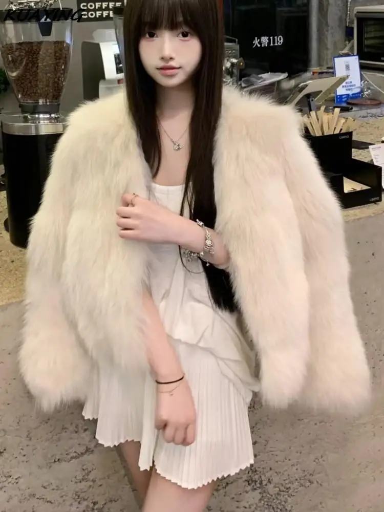 Sweet Faux Fur Coat Elegant Solid Fluffy Long Sleeve Cardigan Women's Winter Jacket Office Lady Outerwears Female New Outfits