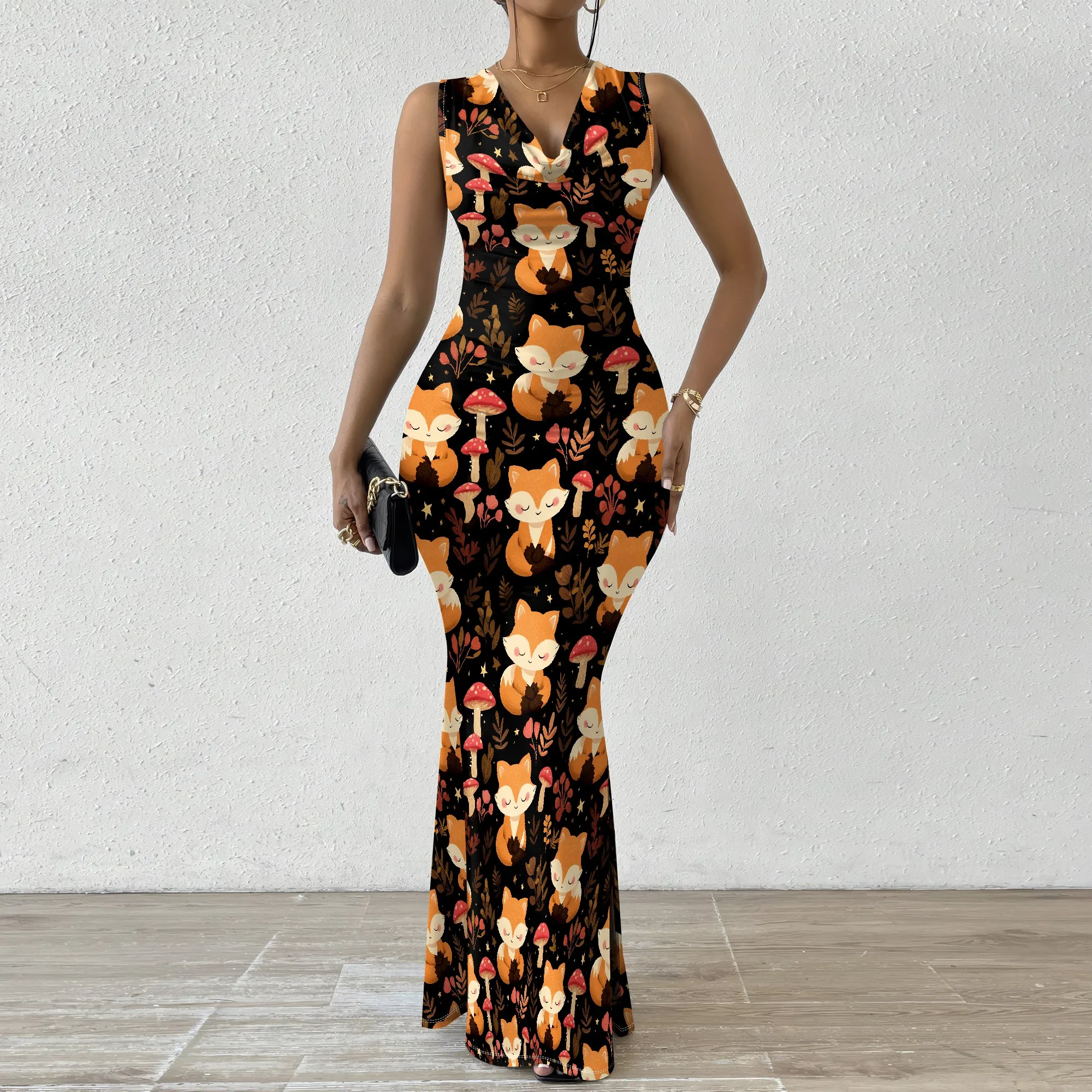 

Fox Print Bodycon Dress XS-2XL Fall V-Neck Sleeveless Maxi Dress for Halloween or Forest Theme Party