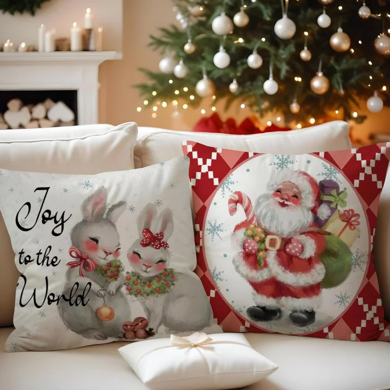 Christmas Throw Pillow Covers 18x18 Inch, Set of 4, Festive Cushion Covers with Santa, Reindeer, Bunny, and Holiday Ornaments