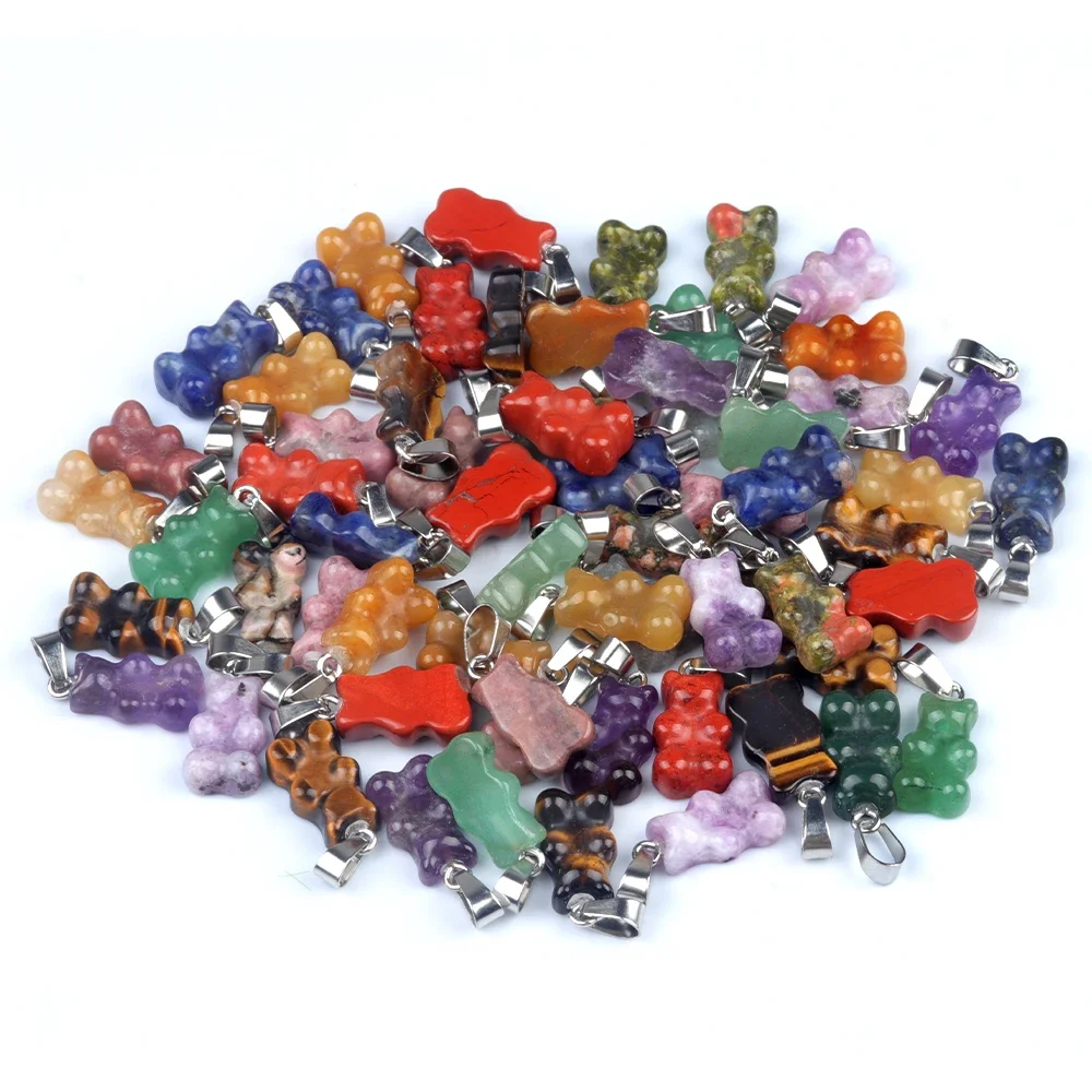 Natural stone Cute Gummy Bear Necklace for Women Girl Candy Color Natural Crystal Stone Bear Pendant Necklace Candy Bear Pendant