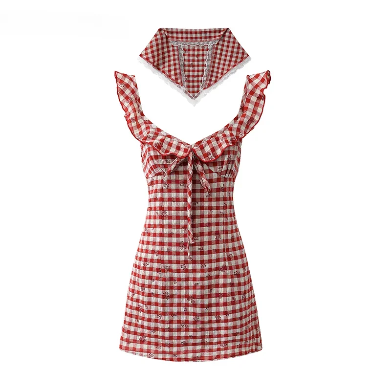 Sweet Hot Girl Ruffles Lace-up V-neck Sleevless Plaid Suspender Dress Women Summer Slim Waist Short Camisole Dresses with Scarf