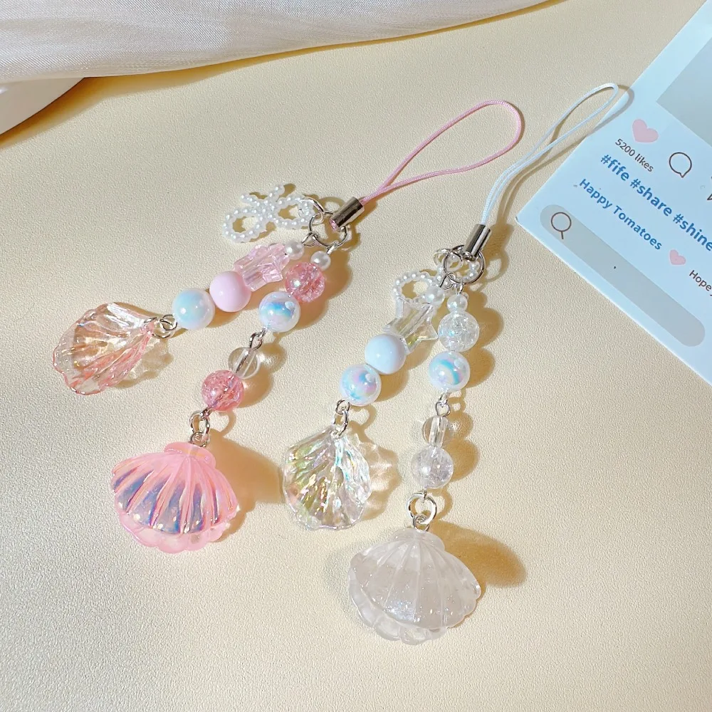 Korean Mobile Phone Straps Lanyard Glitter Pearl Shell Phone Strap Charm Chain Knot Keychain Woman Girl Bag Camera Pendant