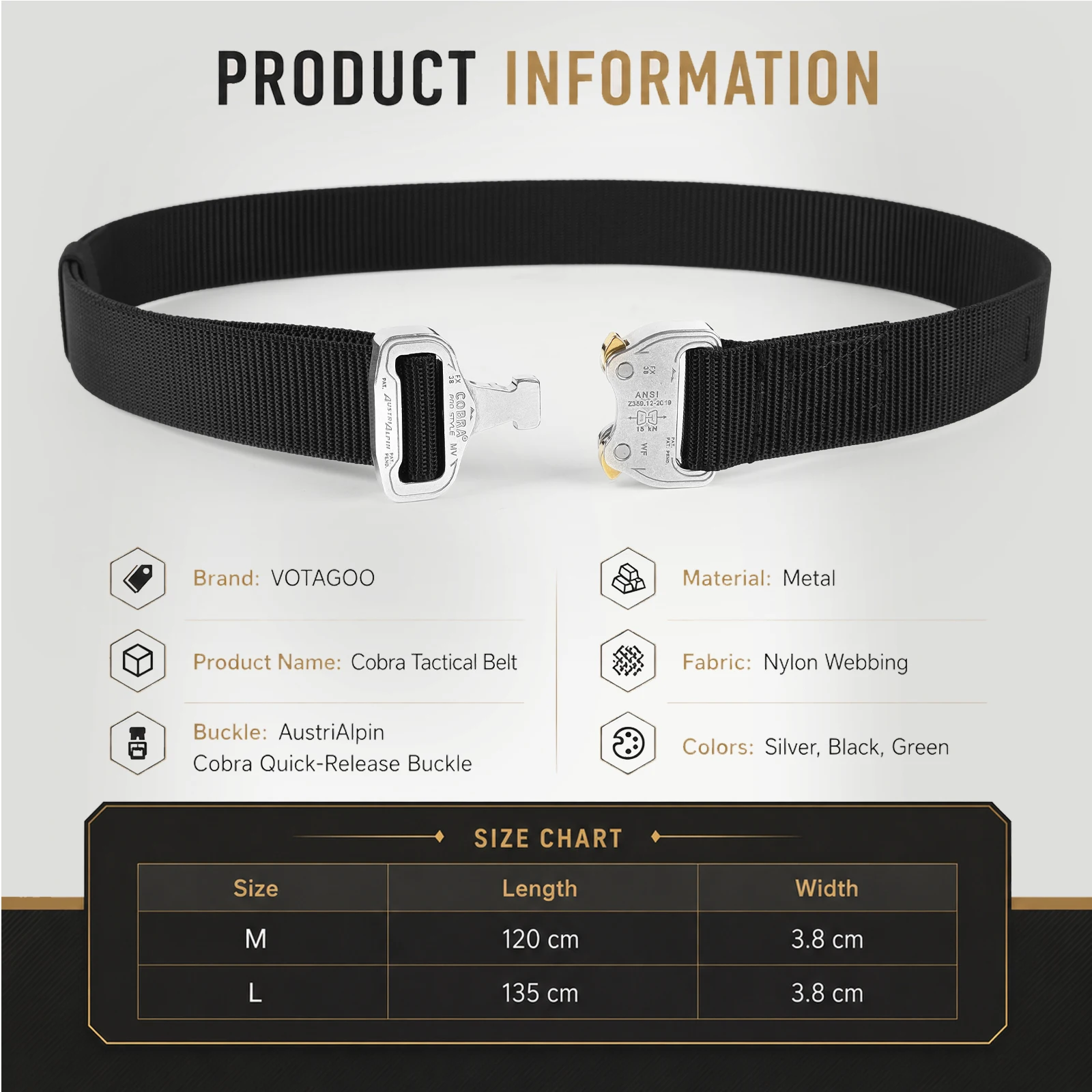 VOTAGOO Authentic AustriAlpin COBRA Buckle Tactical Belt for Men Commuting Training Outdoor Heavy Duty Quick Release