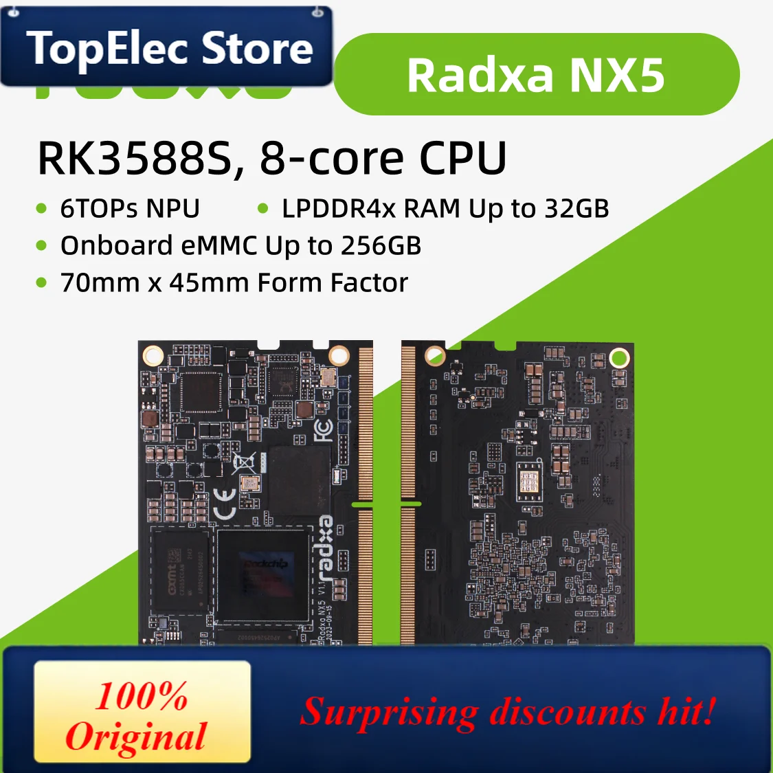 TopElec Radxa NX5 RK3588S 8-core CPU Compute Module, 8K HDMI and 260-Pin SODIMM Golden Finger Edge Connector, Single Board Compu