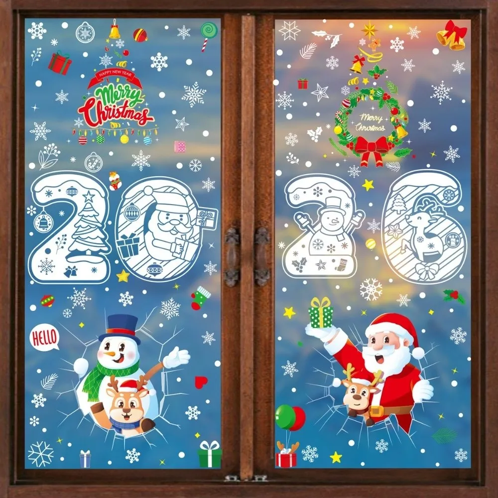 Santa Claus Christmas Window Sticker Elk Snowman Cartoon Electrostatic Glass Sticker PVC DIY Decal 2026 Merry Christmas Sticker