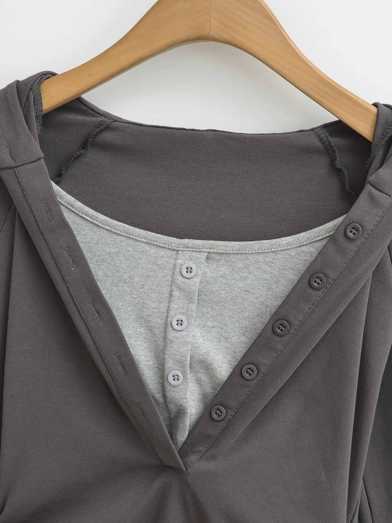 Retro American Folded Waist Slimming Fake Two-Piece Hoodie Women's ort Sle V-ne Long Sve Commute Autumn Top