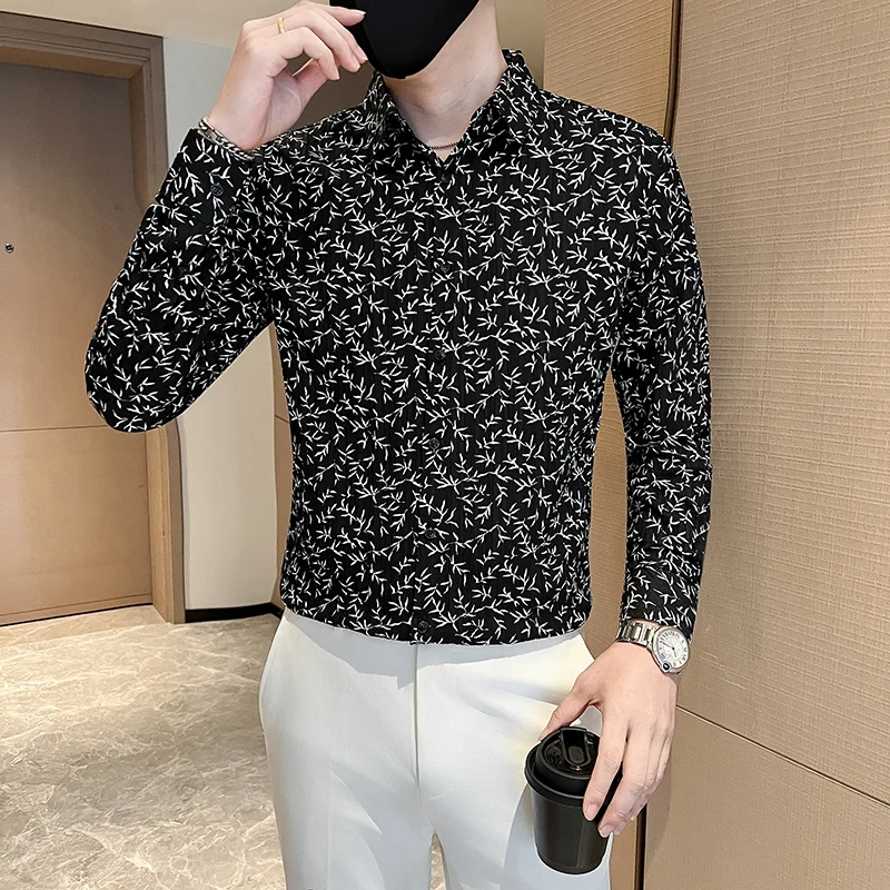 Autumn Winter Floral Shirt for Men Fashion Slim Fit Casual Shirts High Quality Business and Social Street Wear Men's Clothing