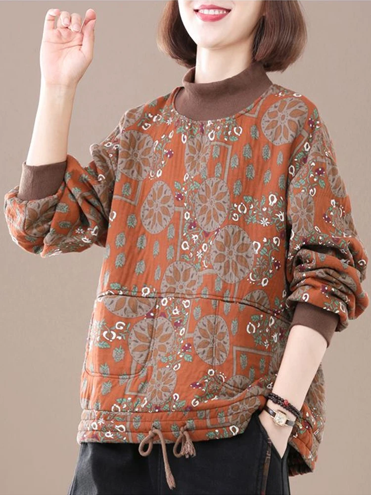 

Vintage Floral Print Turtleneck Women Windbreakers 2025 New Winter Plus Velvet Thick Warm Parkas Casual Loose Pullover Tops