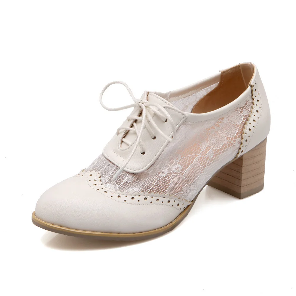 Big Size 43 Summer Vintage Lace Patchwork White Brogue Shoes Retro Black Square High Heels Pumps Lace-up Office Lady Daily Shoes_voghion.com