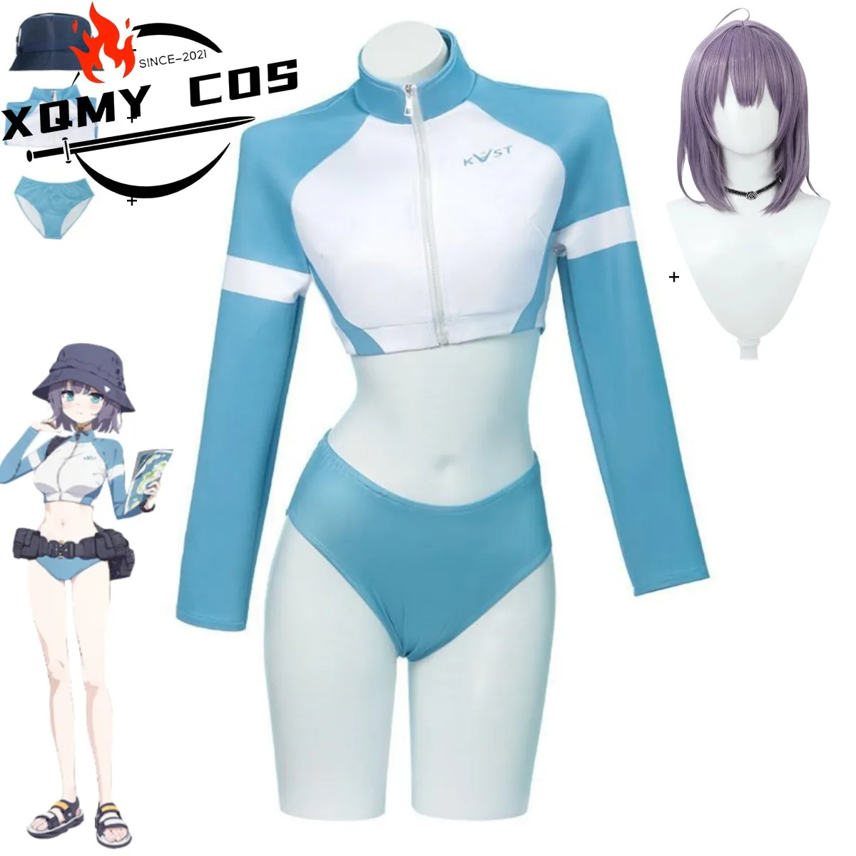 XqGame Blue Archive Sorai Saki Косплей Костюм Анимация Синий Купальник с длинными рукавами Шорты Парик Женский Сексуальный Летний День Пляж S