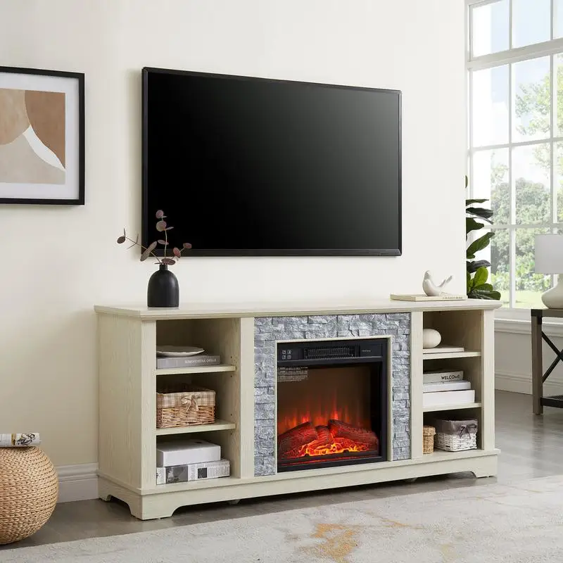 Moderne elektrische open haard mediastandaard met open opbergruimte en 18" inzetstuk, wit, 58,31"B x 15,39"D x 26,06"H